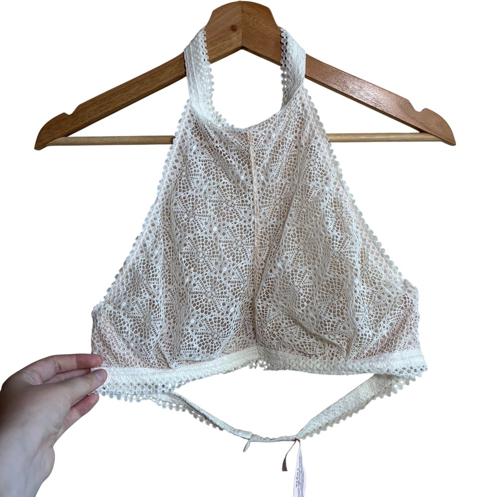 Victoria's Secret Lace Sheer Halter Bralette Large Ivory Women Floral High Neck